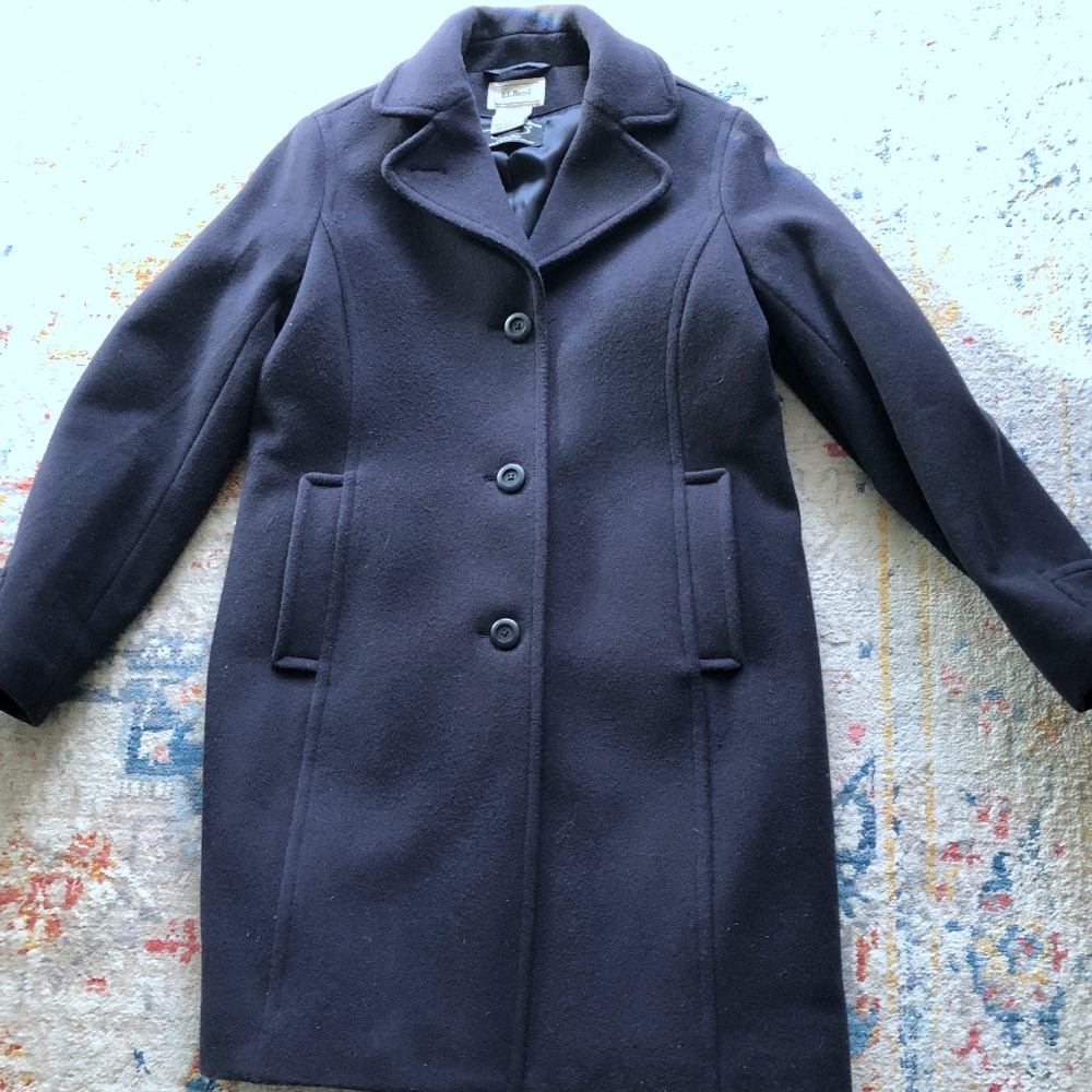 LL Bean Nay Blue 100% Wool Car Coat Lined Like NEW